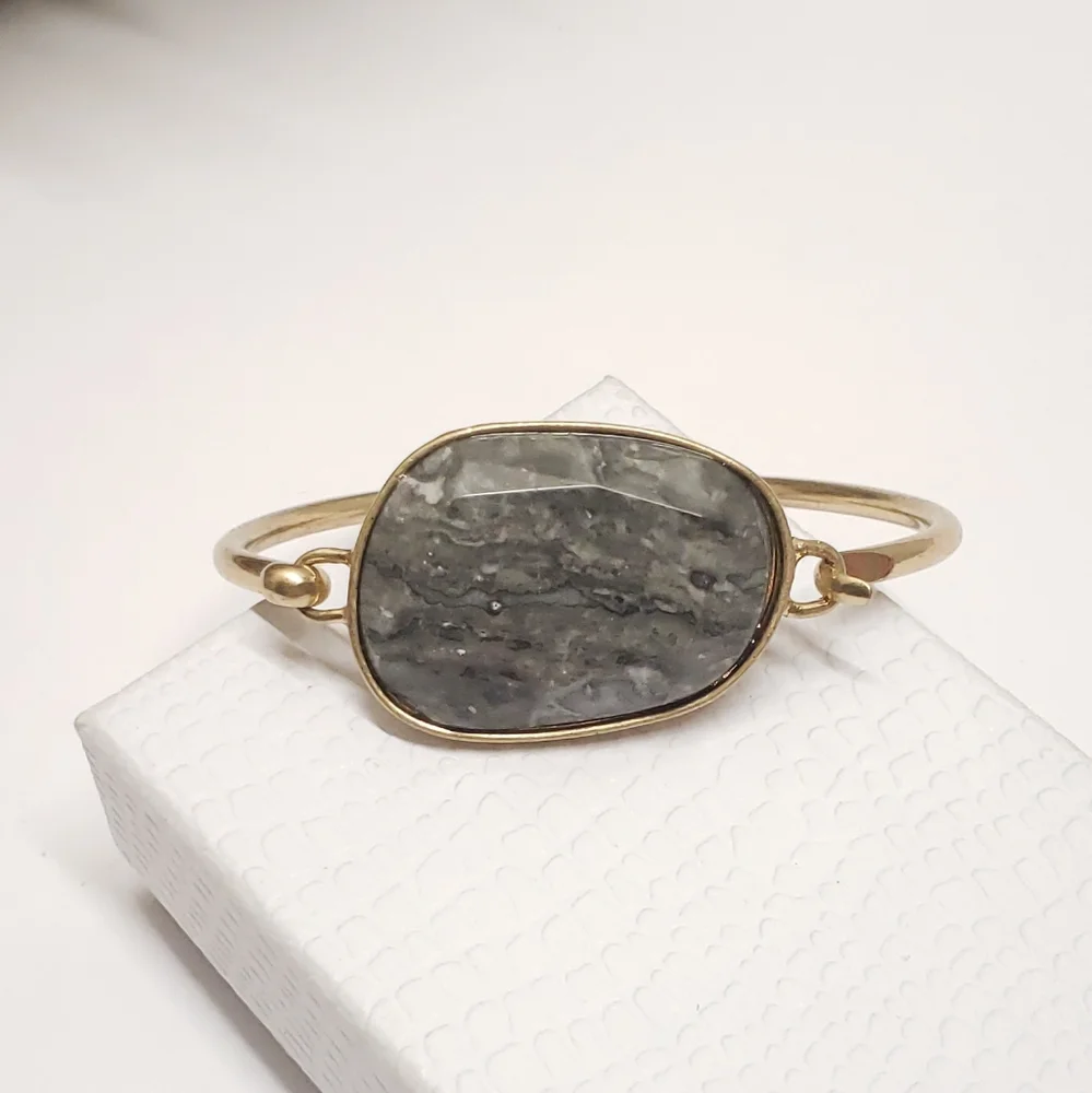 Gray Marble Cut Stone Gold Tone Bracelet Statement Bracelet